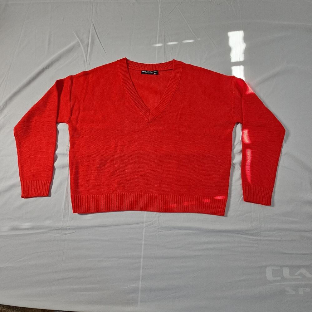 Brave Soul London Men's M Red V Neck Knit Sweater Pullover Casual